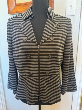 Tahari Black and Gray Striped Double-Breasted Peplum Jacket